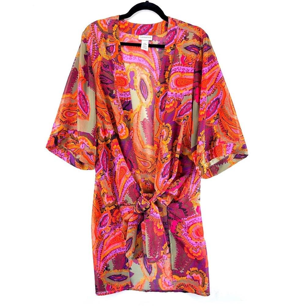 Pink Purple Green Paisley Kimono Swim Cover 0X Boho Vacation Psychedelic Summer
